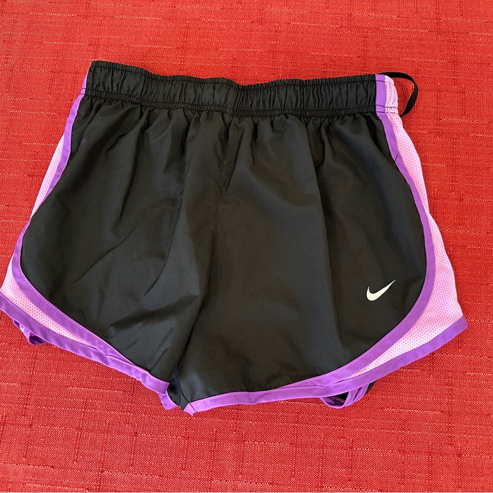 Nike Black and Purple Athletic Shorts with Elastic Waistband